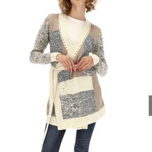 DESIGUAL sz small metallic knit embroidered long sleeve belted cardigan sweater